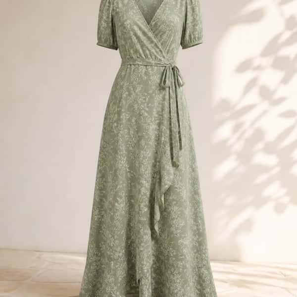 Botanical Wrap Maxi Dress – Sage Floral