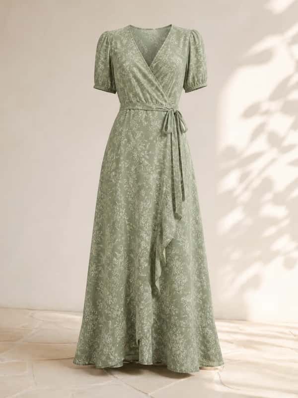Botanical Wrap Maxi Dress – Sage Floral