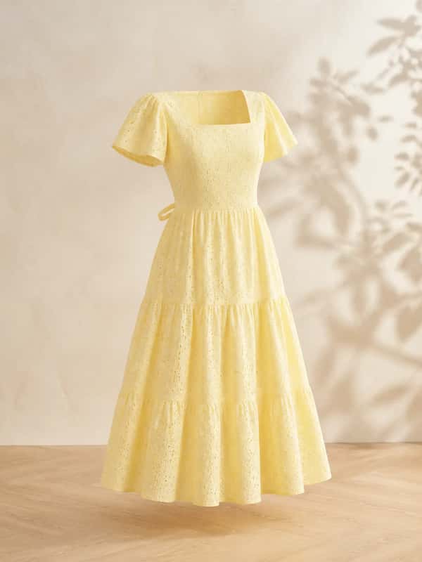 Eyelet Tie-Back Midi Dress – Butter Yellow