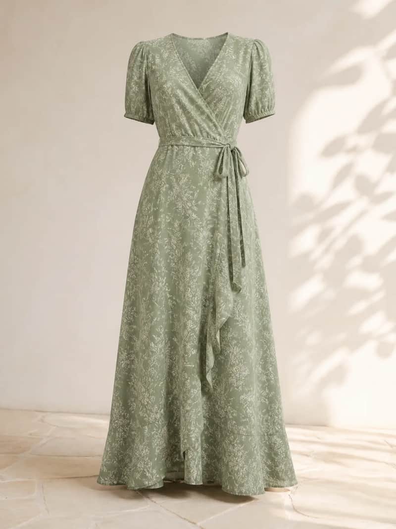 Botanical Wrap Maxi Dress – Sage Floral