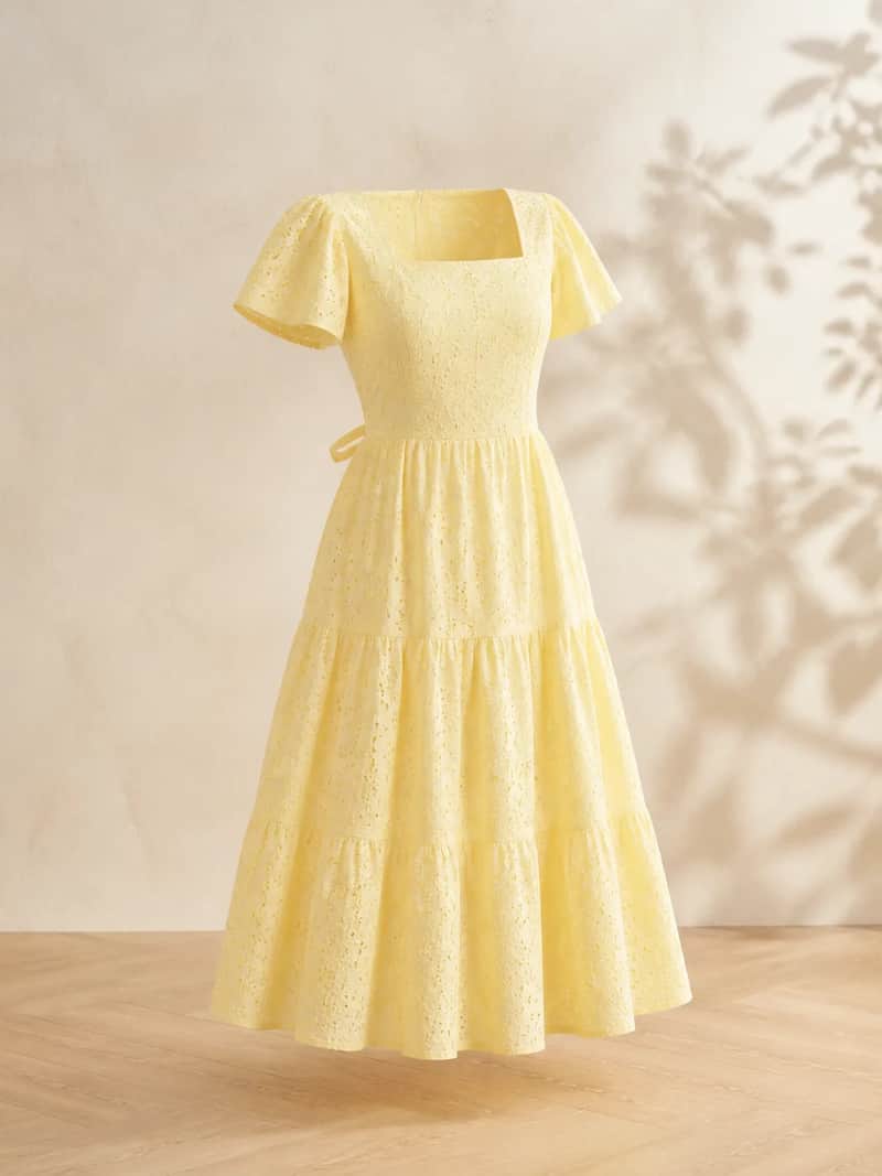 Eyelet Tie-Back Midi Dress – Butter Yellow